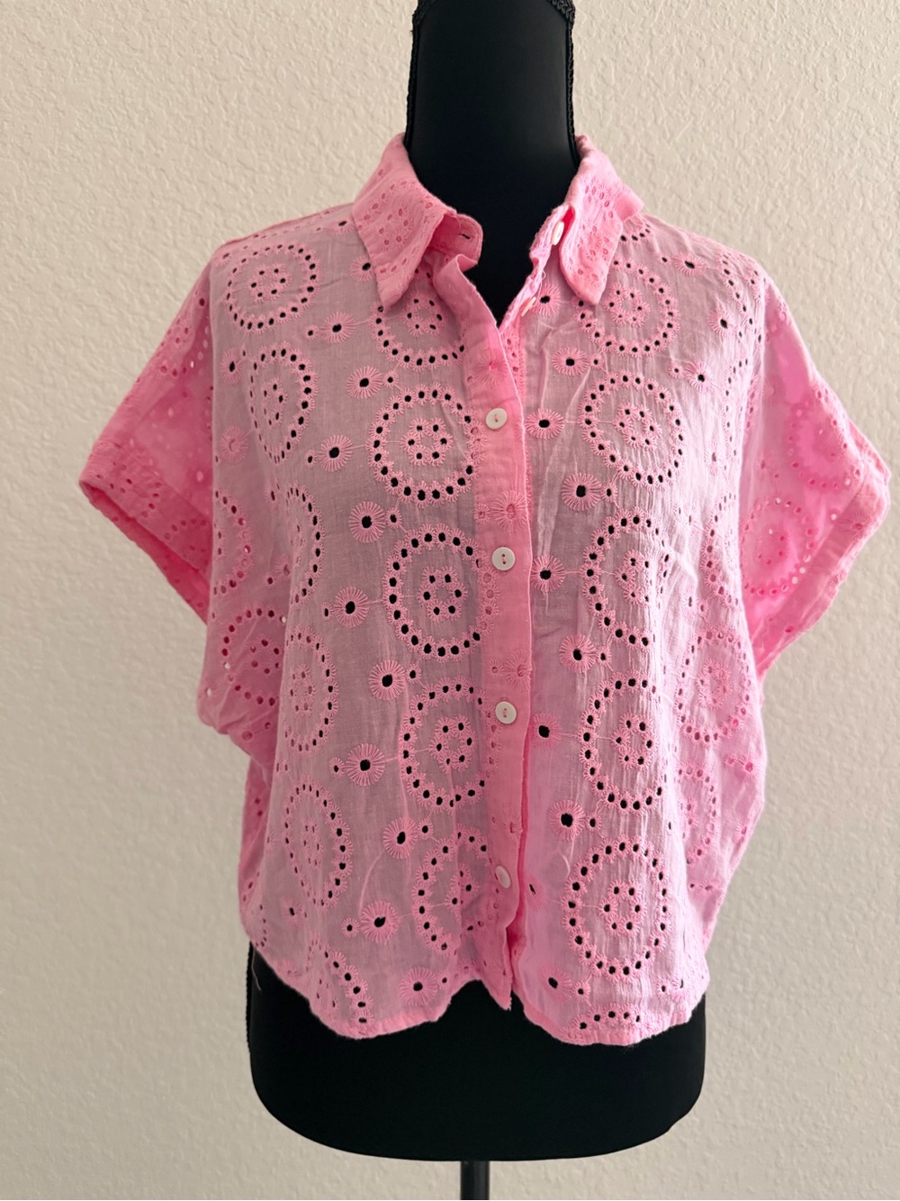 HYFVE 100% Cotton Pink Eyelet Floral Button Down Shirt | Short Sleeve Blouse